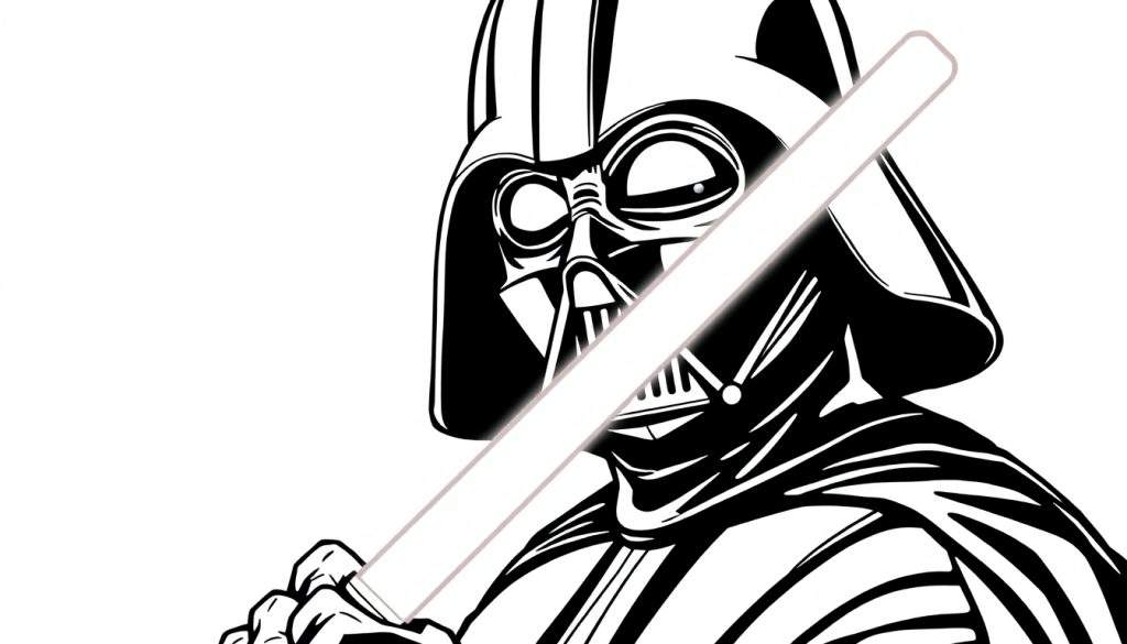 Kleurplaat van Darth Vader met een witte lightsaber, boos kijkend.