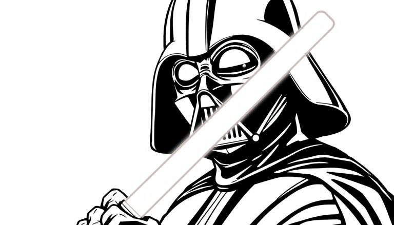 Kleurplaat van Darth Vader met een witte lightsaber, boos kijkend.