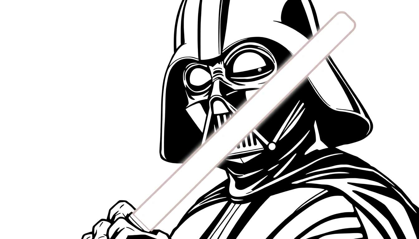 Kleurplaat van Darth Vader met een witte lightsaber, boos kijkend.