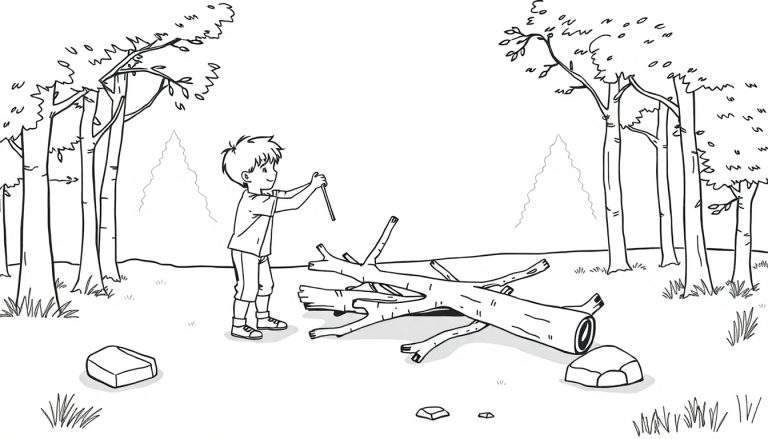 Een zwart-wit kleurplaat van een jongen die een stok vasthoudt in een bos.