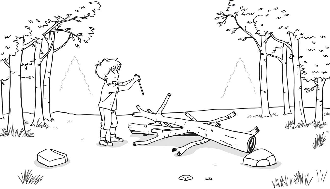 Een zwart-wit kleurplaat van een jongen die een stok vasthoudt in een bos.