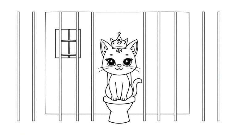 Kleurplaat van een cartoonkat met kroon op de wc in een cel.