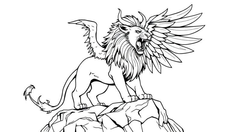Een majestueuze gevleugelde leeuw op een rots, klaar om ingekleurd te worden als een kleurplaat.