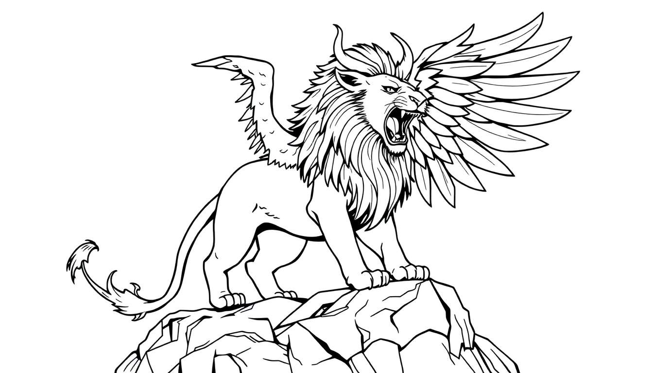 Een majestueuze gevleugelde leeuw op een rots, klaar om ingekleurd te worden als een kleurplaat.