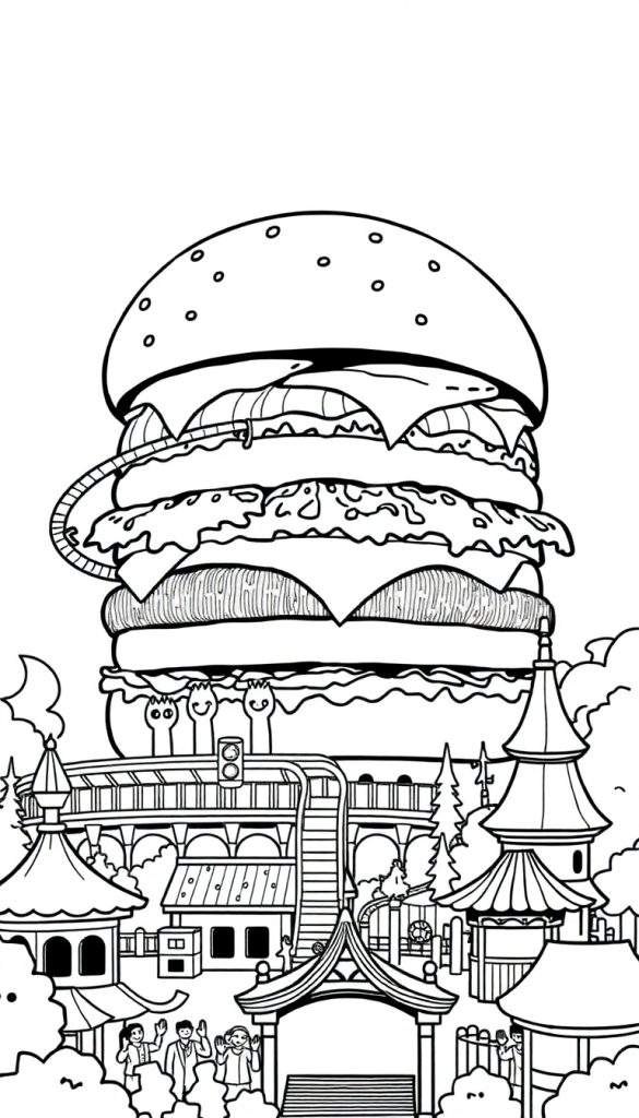 Kleurplaat: Een gigantische, meerlaagse hamburger met sla, kaas en vlees, zwevend boven het Efteling pretpark met een achtbaan eromheen en mensen beneden.