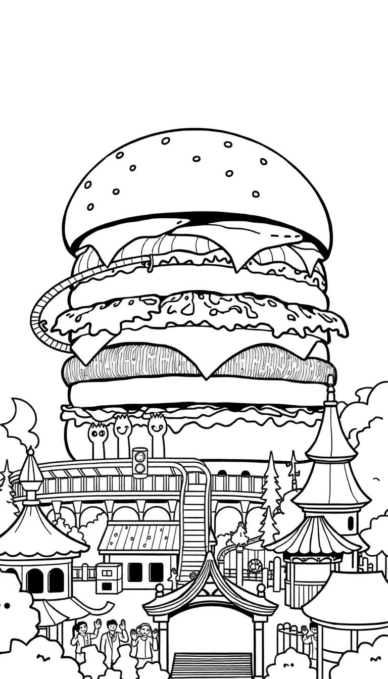 Kleurplaat: Een gigantische, meerlaagse hamburger met sla, kaas en vlees, zwevend boven het Efteling pretpark met een achtbaan eromheen en mensen beneden.