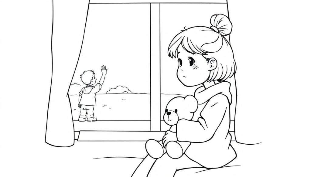 Zwart-wit kleurplaat van een treurig meisje met teddybeer, kijkend naar een jongen die wegloopt.