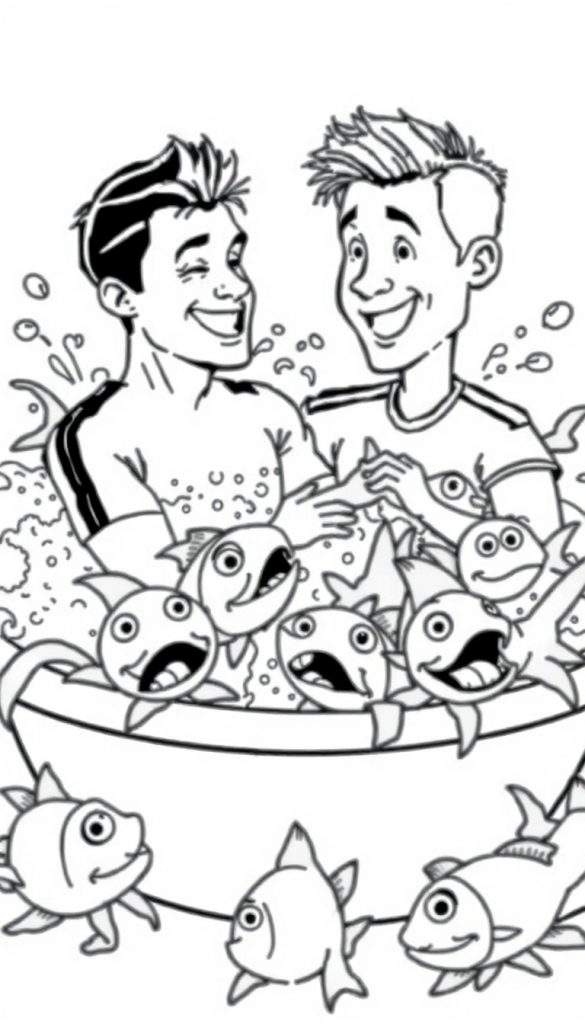 Een kleurplaat met twee lachende mannen in een schuimbad met vrolijke vissen.