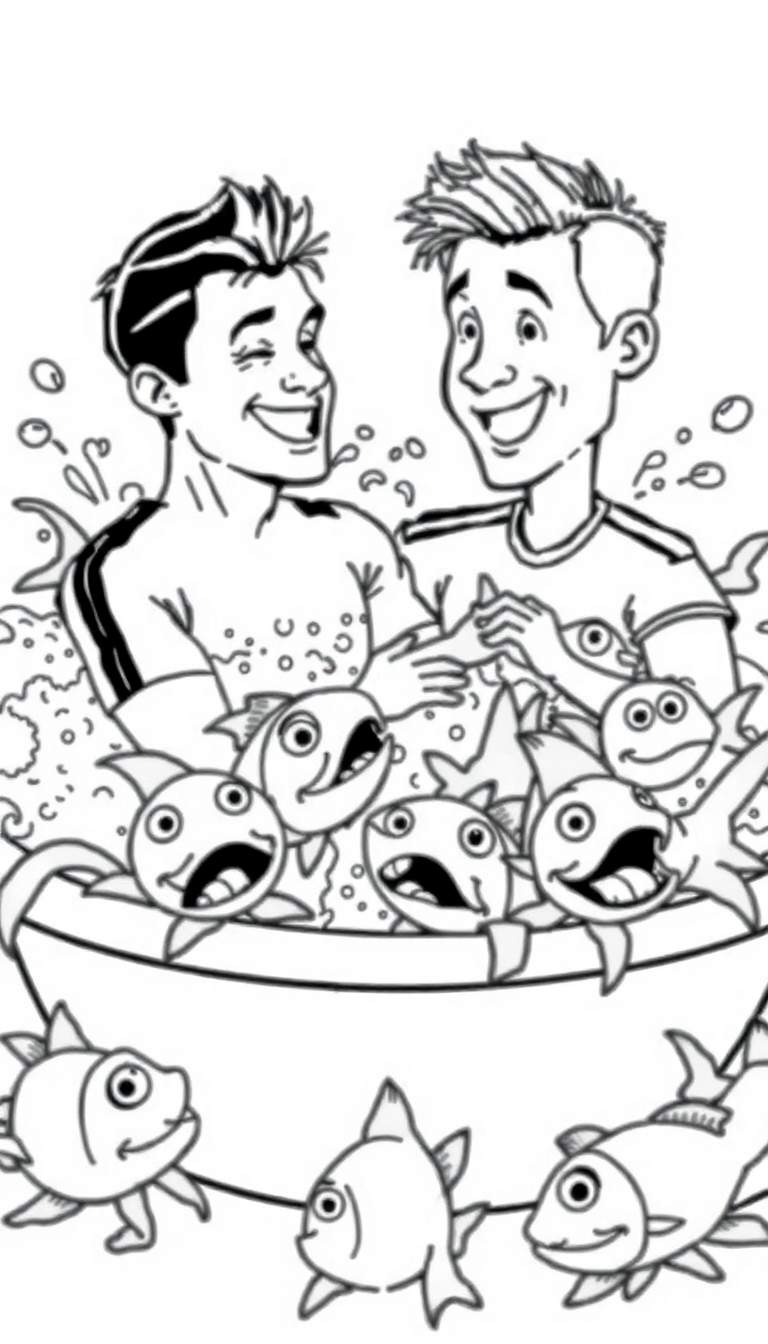 Een kleurplaat met twee lachende mannen in een schuimbad met vrolijke vissen.