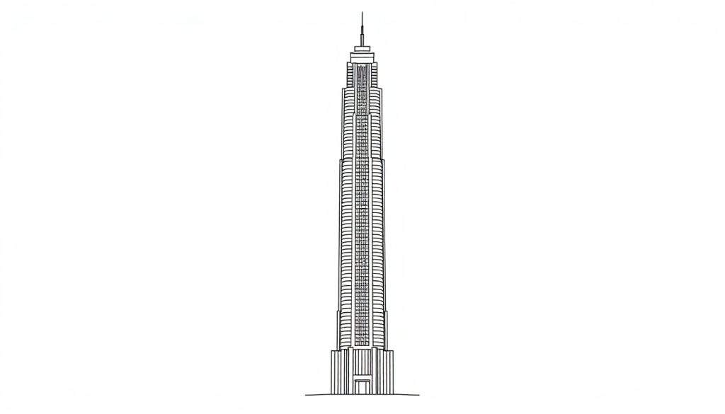 Een kleurplaat van een hoge wolkenkrabber met veel verdiepingen.