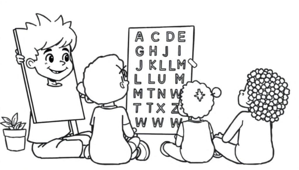 Kleurplaat van een jongen met een mullet die les geeft aan kinderen met een alfabetkaart.
