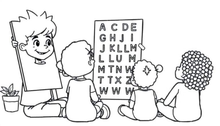 Kleurplaat van een jongen met een mullet die les geeft aan kinderen met een alfabetkaart.