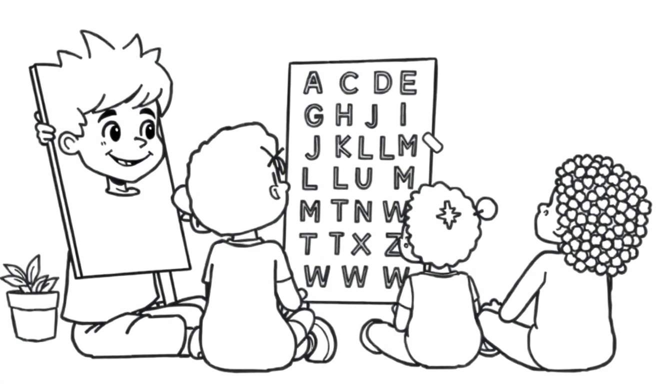 Kleurplaat van een jongen met een mullet die les geeft aan kinderen met een alfabetkaart.
