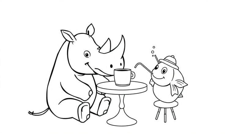 Kleurplaat van een vis met hoed en rietje die belletjes blaast met een neushoorn die vriendelijk glimlacht en aan een tafeltje zit.