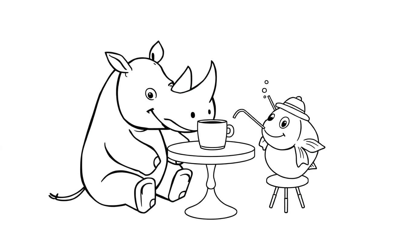 Kleurplaat van een vis met hoed en rietje die belletjes blaast met een neushoorn die vriendelijk glimlacht en aan een tafeltje zit.