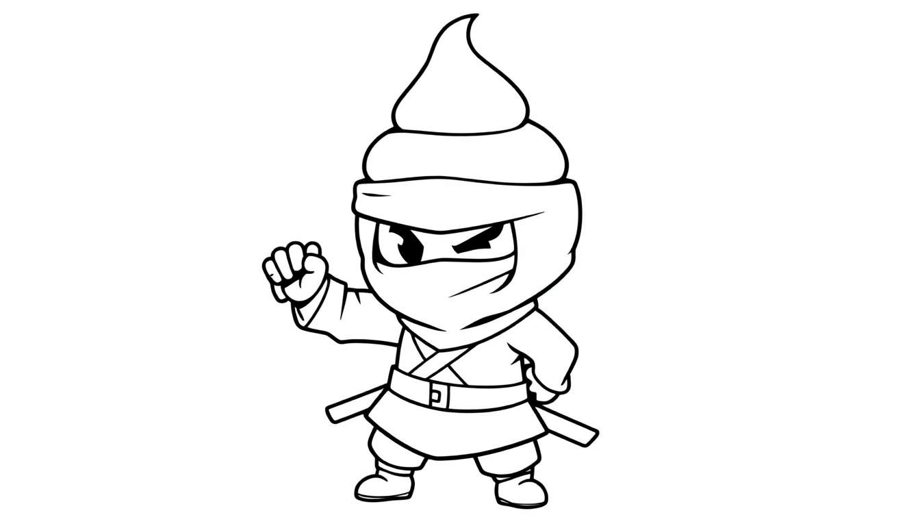 Kleurplaat van een cartoon ninja met een hoop poep op zijn hoofd.