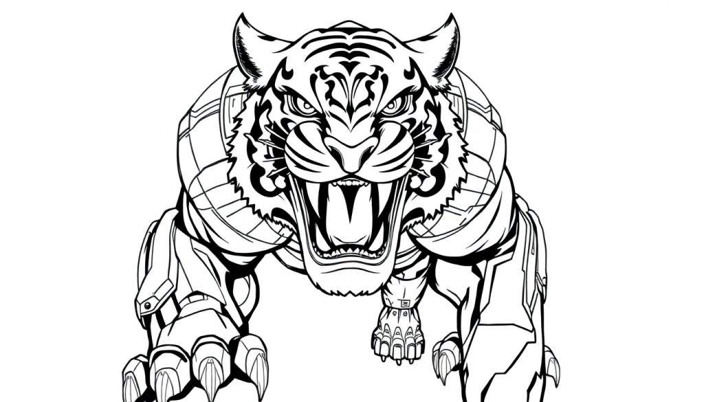 Zwart-wit kleurplaat van een futuristische tijger in aanvalshouding met robotachtige delen.