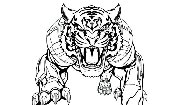 Zwart-wit kleurplaat van een futuristische tijger in aanvalshouding met robotachtige delen.