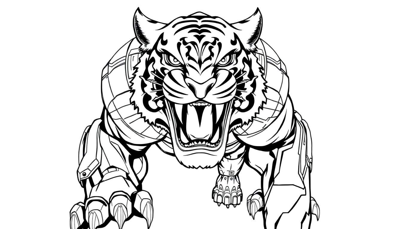 Zwart-wit kleurplaat van een futuristische tijger in aanvalshouding met robotachtige delen.