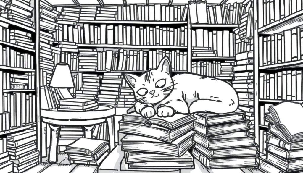 Kleurplaat van een slapende kat op boeken in een bibliotheek.