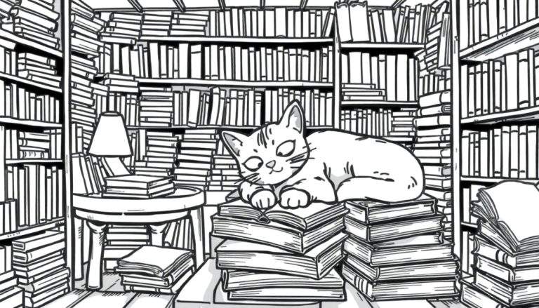 Kleurplaat van een slapende kat op boeken in een bibliotheek.