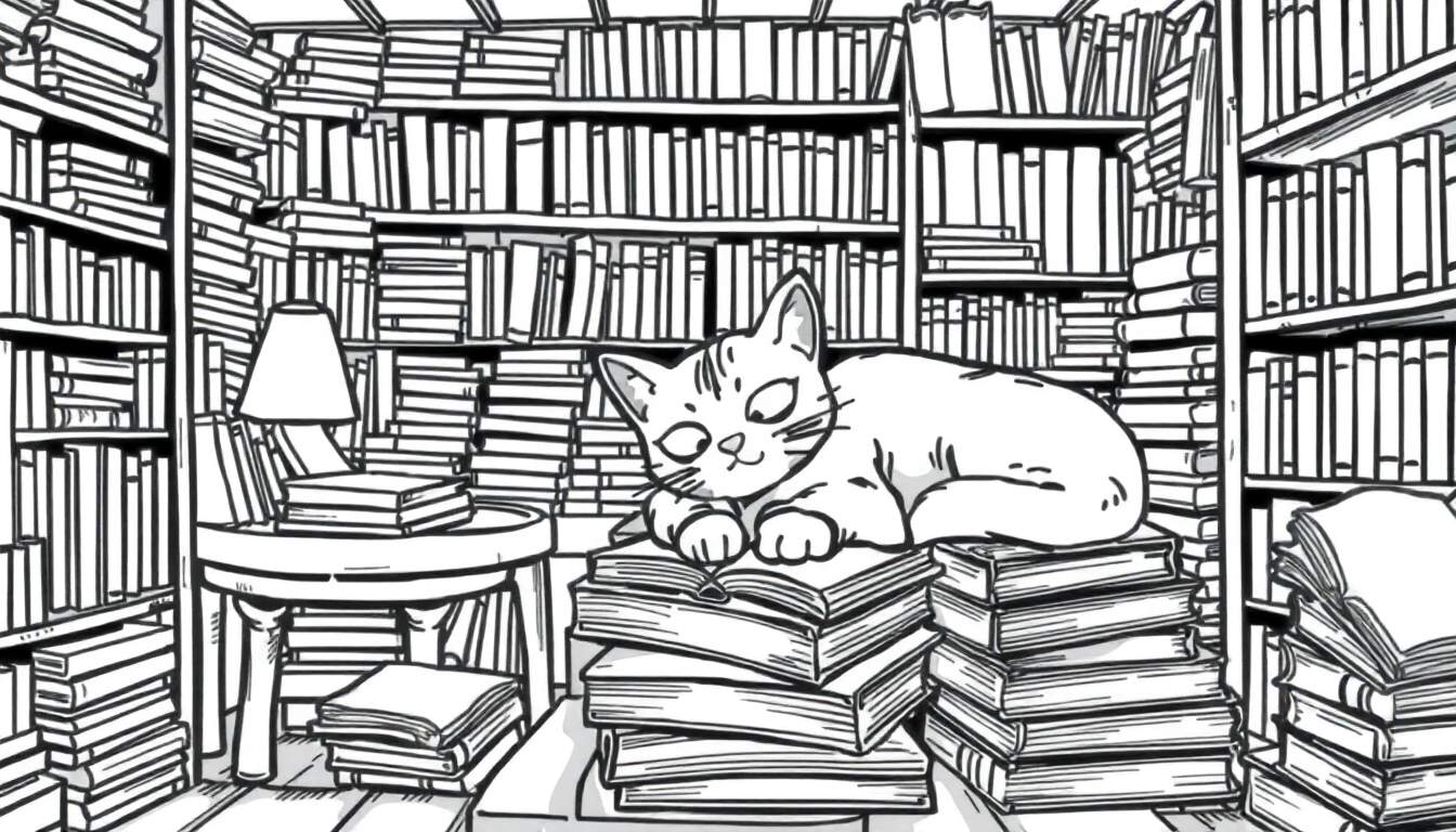 Kleurplaat van een slapende kat op boeken in een bibliotheek.
