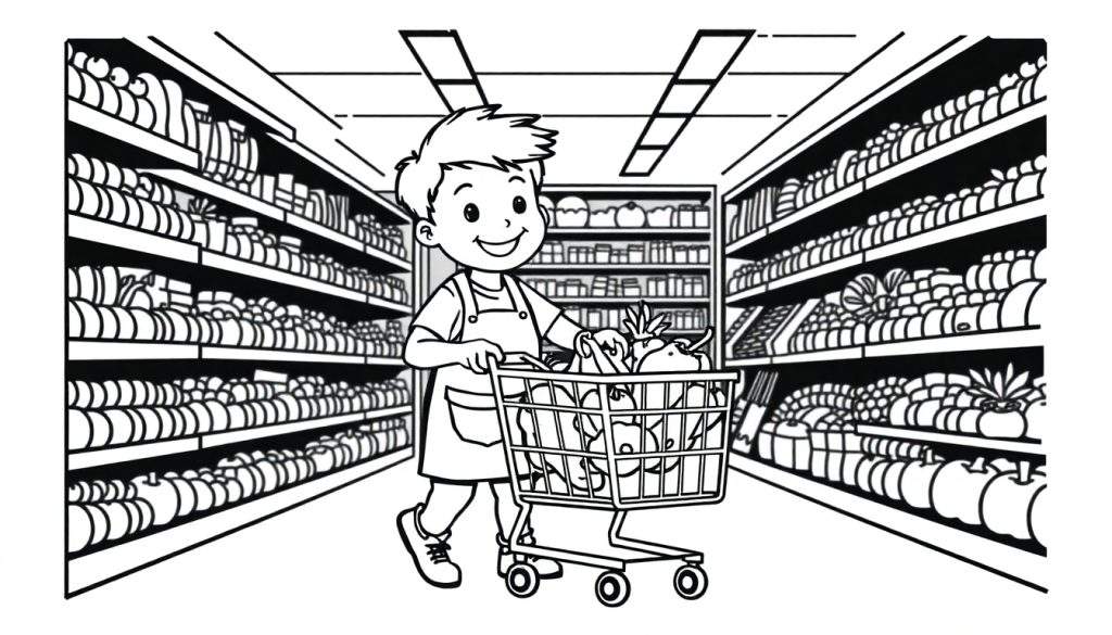 Zwart-wit kleurplaat van een jongen die een winkelwagentje duwt.