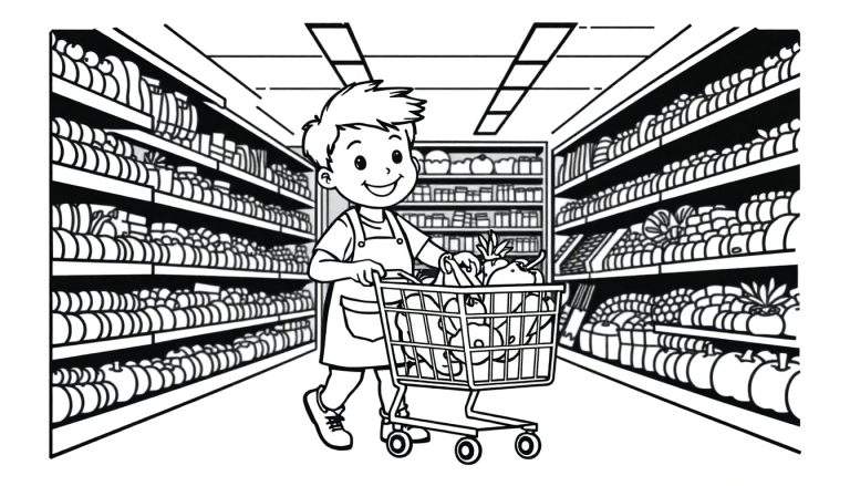 Zwart-wit kleurplaat van een jongen die een winkelwagentje duwt.