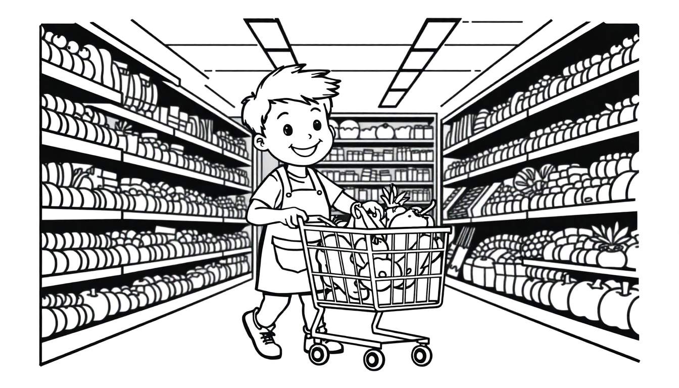 Zwart-wit kleurplaat van een jongen die een winkelwagentje duwt.