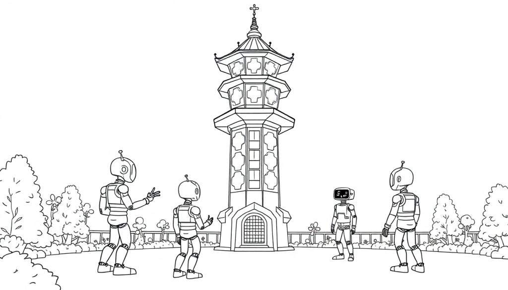 Een kleurplaat van robots die naar een toren in een futuristische Efteling kijken.