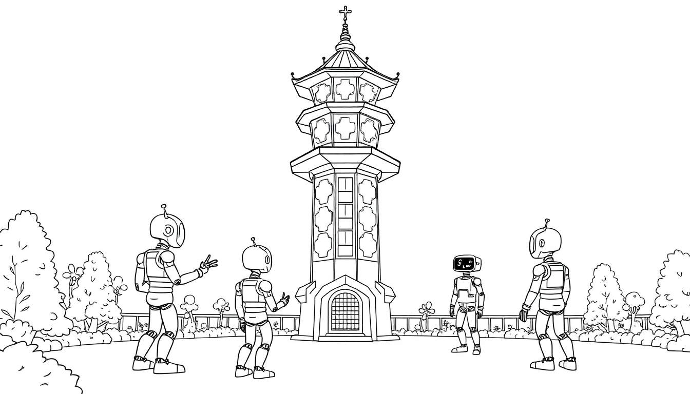 Een kleurplaat van robots die naar een toren in een futuristische Efteling kijken.
