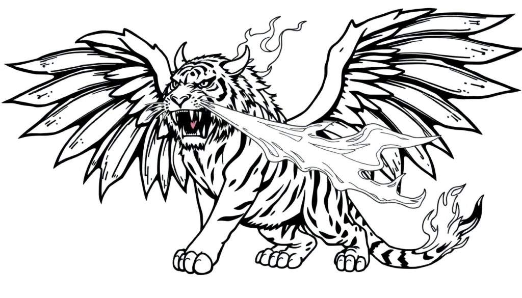 Kleurplaat van een tijgerdraak die lava spuwt, met vleugels en hoorns.