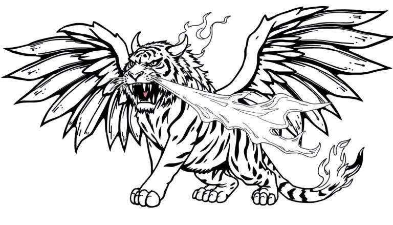 Kleurplaat van een tijgerdraak die lava spuwt, met vleugels en hoorns.
