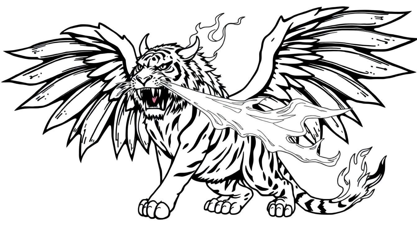 Kleurplaat van een tijgerdraak die lava spuwt, met vleugels en hoorns.