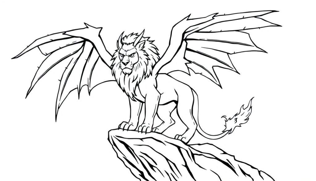 Een zwart-wit kleurplaat van een gevleugelde leeuw met een boze uitdrukking.