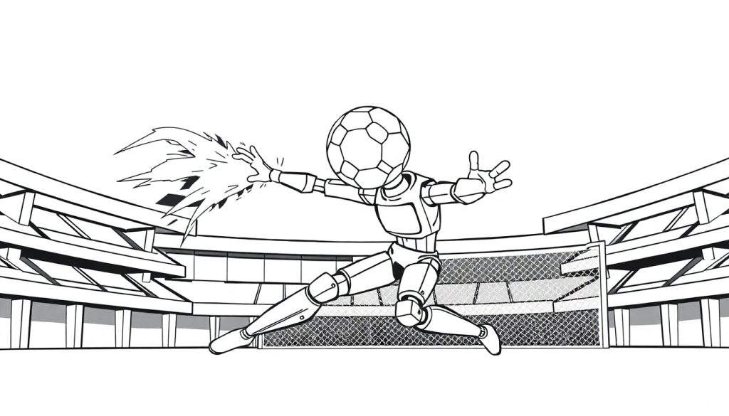 Zwart-wit kleurplaat van een voetbalrobot met een voetbal als hoofd, die in een stadion een schot blokkeert.