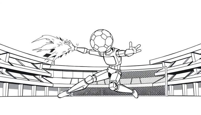 Zwart-wit kleurplaat van een voetbalrobot met een voetbal als hoofd, die in een stadion een schot blokkeert.