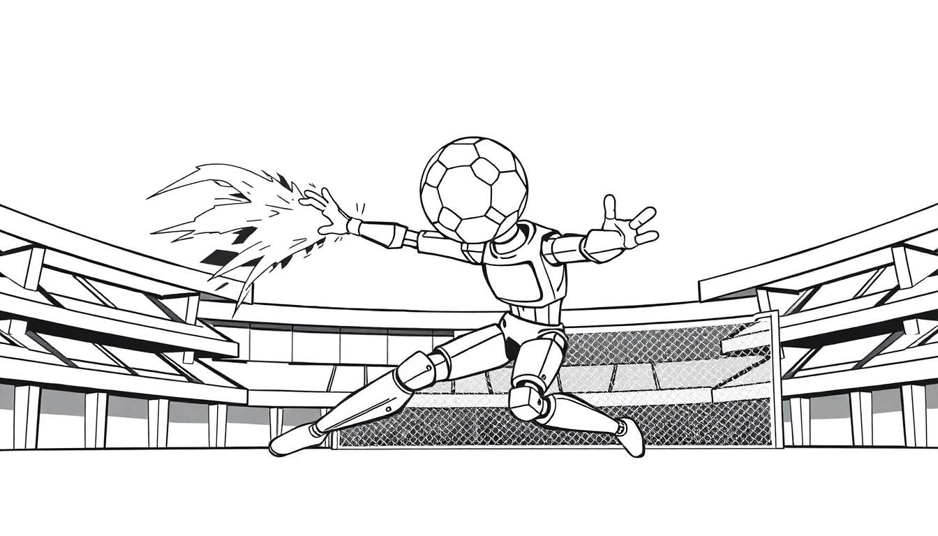 Zwart-wit kleurplaat van een voetbalrobot met een voetbal als hoofd, die in een stadion een schot blokkeert.