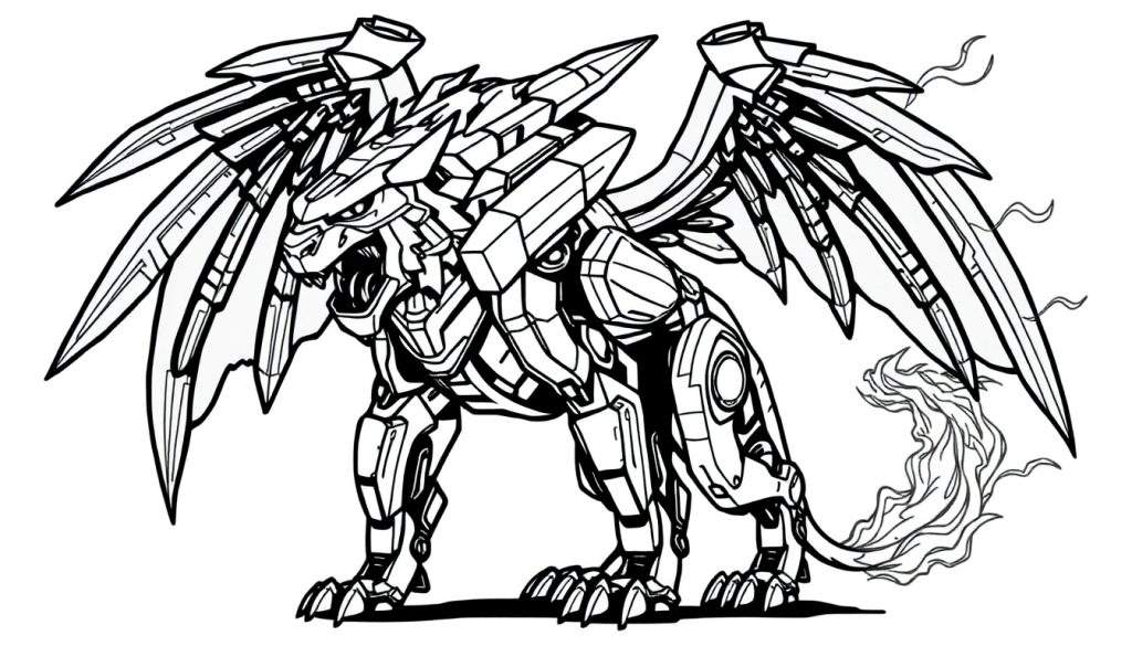 Kleurplaat van een futuristische robot griffioen met vlammende staart, boos kijkend en brullend.