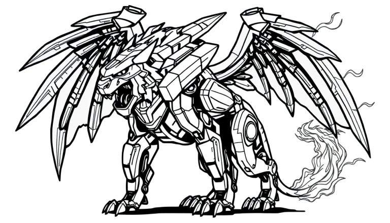 Kleurplaat van een futuristische robot griffioen met vlammende staart, boos kijkend en brullend.