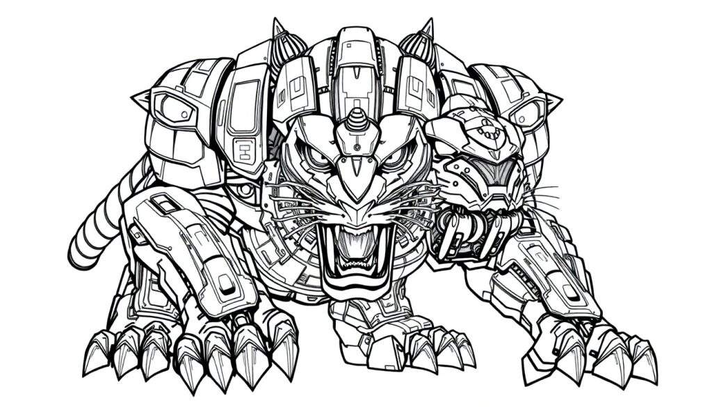 Zwart-wit kleurplaat van een woeste robot tijger in aanvalshouding met open bek en scherpe klauwen.