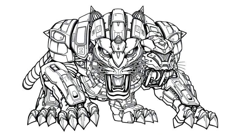 Zwart-wit kleurplaat van een woeste robot tijger in aanvalshouding met open bek en scherpe klauwen.