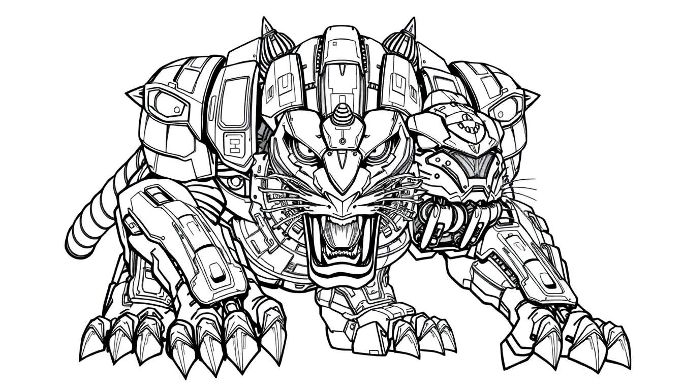 Zwart-wit kleurplaat van een woeste robot tijger in aanvalshouding met open bek en scherpe klauwen.