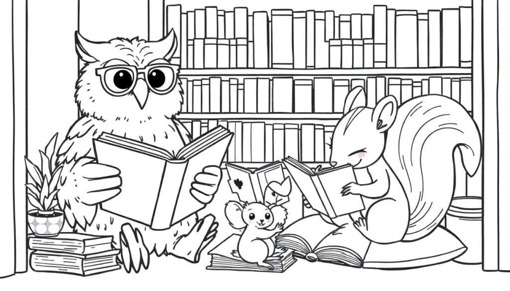 Een zwart-witte kleurplaat van een gezellige bibliotheek met dieren die lezen. Een uil met bril, een koala-achtig dier en een eekhoorn zijn te zien.