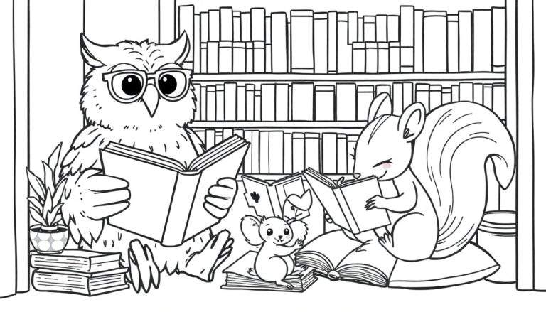 Een zwart-witte kleurplaat van een gezellige bibliotheek met dieren die lezen. Een uil met bril, een koala-achtig dier en een eekhoorn zijn te zien.