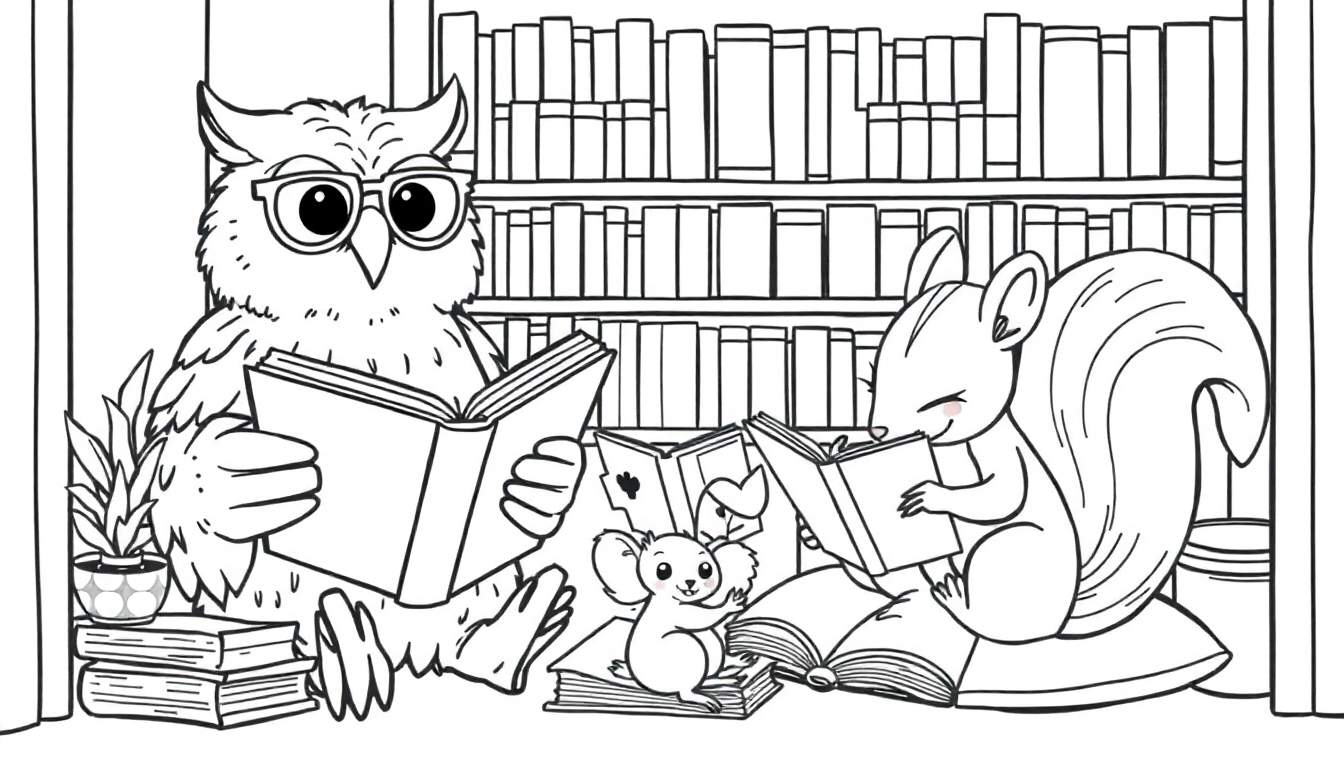 Een zwart-witte kleurplaat van een gezellige bibliotheek met dieren die lezen. Een uil met bril, een koala-achtig dier en een eekhoorn zijn te zien.
