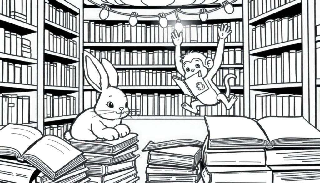 Zwart-wit kleurplaat van een bibliotheek met dieren en boeken.