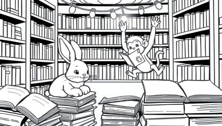 Zwart-wit kleurplaat van een bibliotheek met dieren en boeken.