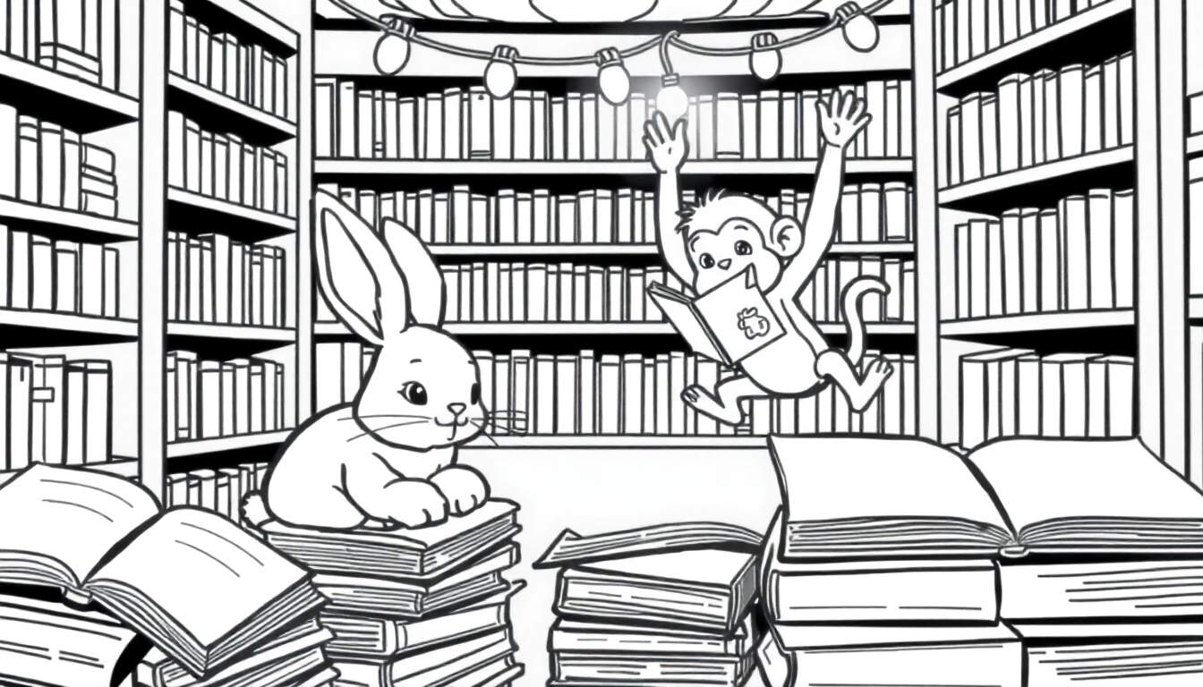 Zwart-wit kleurplaat van een bibliotheek met dieren en boeken.