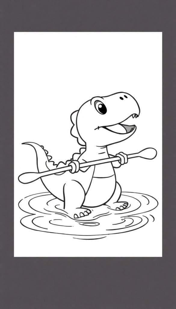 Een zwart-wit cartoon van een vrolijke kleine dinosaurus die met een roeispaan peddelt in water, als een kleurplaat.
